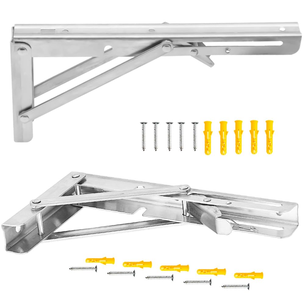 Hocansen 2Pcs Stainless Steel Foldable Brackets L Shelf Collapsible Brackets Silver Wall Mounted Shelf Bracket Max Load 132 lb Collapsible Shelf Bracket for Table Bookcase (ZDJ/Silver250mm)