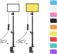 Vista 1 de Paquete de 2 luces clave de transmisión con soporte de escritorio, soporte de abrazadera en C, luz de panel de video regulable para grabación