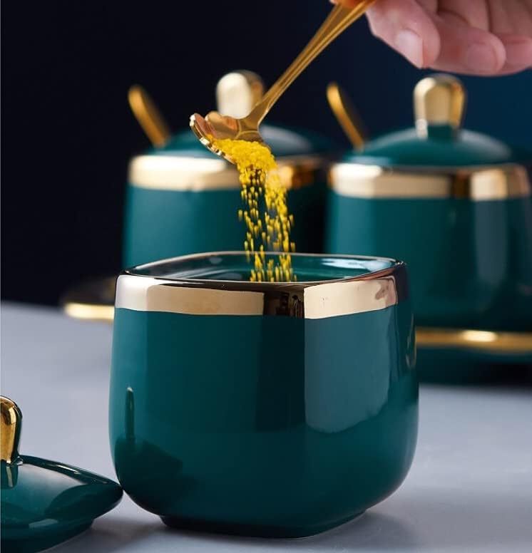 Image of JRM 3Pcs Condiment Jar Condiment Seasoning Pot with Ceramic Tray, Serving Spoon and Lid for Tea Sugar Coffee Salt Pepper and Spices (Green)