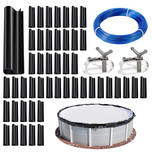 Double-Protection Pool Closing Kit for Steel Wall Above Ground Swimming Pool,48 Pcs Winter Pool Cover Clips with 120ft Steel Cable and 2 Winches, Windproof Pool Cover Clamps Set for Securing Tightly