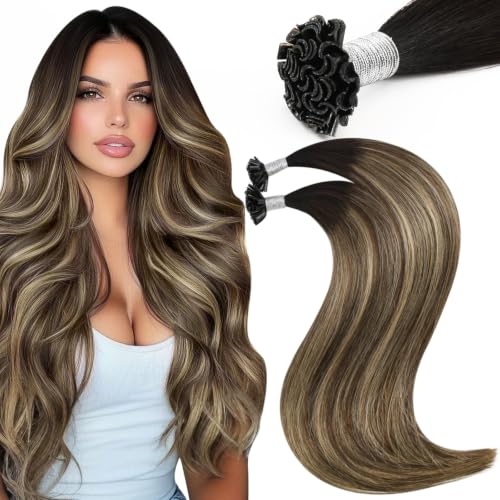 Moresoo K Tip Hair Extensions Human Hair, Black Caramel Balayage, 22 Inch