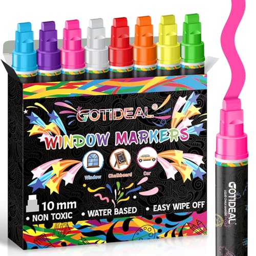 GOTIDEAL 10mm Window Markers Chalk Markers for Blackboard Washable Car Marker for Chalkboard Glass Mirror Jumbo Thick Tip Window paint markers Erasable for Wedding Married Painting Menus(8 Colors