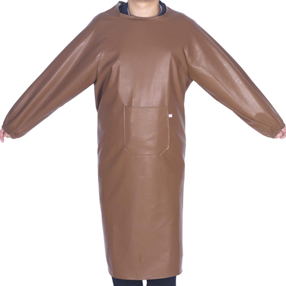 TINTON LIFEWarm Long Men PU Leather Apron with Pocket Smocks Long Sleeves Kitchen Working Uniform