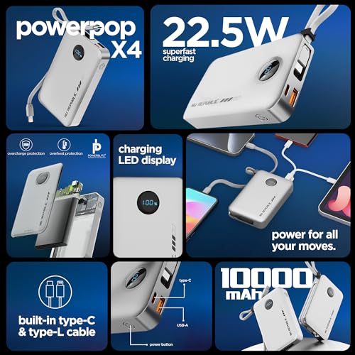 Image of Nu Republic Powerpop X4 10000mAh 22.5W Power Bank, Built-in Type-C & Lightning Cables, 4 Outputs, Quick Charge 3.0, PD Fast Charging, LED Display, Aluminium Body (Silver)