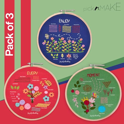 Image of picknMAKE Combo of 3 Embroidery kit for Beginners for Adults & Kids | Complete embroidery combo kit, 16 threads, hoops, needles, relaxing beginner-friendly craft, great gift for all ages