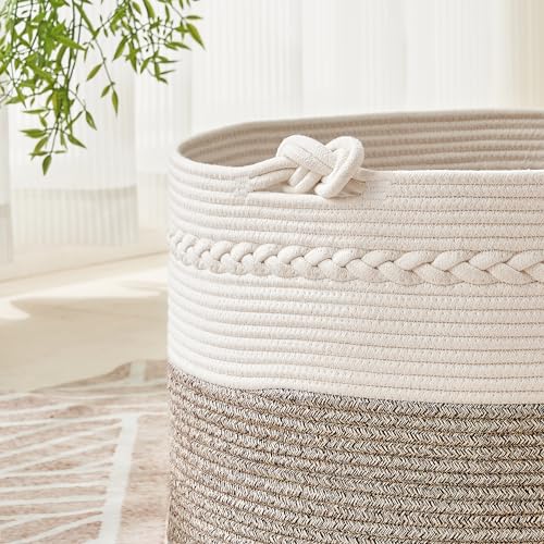 Image of KAKAMAY Large Blanket Basket (20 inchx13 inch),Woven Baskets for storage Baby Laundry Hamper, Cotton Rope Blanket Basket for Living Room, Laundry, Nursery, Pillows, Baby Toy chest (White /Beige)