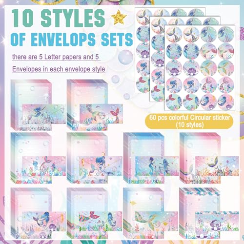 Image of TaoBary 160 Pcs Stationery Paper Set 50 Double Sided Stationery Papers with 50 Matching Envelopes and 60 Round Dot Sticker, 10 Design(Mermaid,8.5 x 11 Inch)