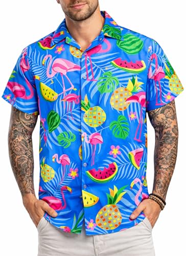 King Kameha Camisa Hawaiana Hombre de Manga Corta, Flamingo Melon, Azul Índigo, XS