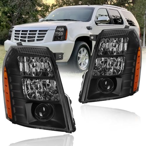 DimFlux for 2007-2014 Cadillac Escalade ESV EXT Headlights Assembly w/Projector High Low Beam Driver Passenger Side Pair Replacements Black Housing Amber Reflector