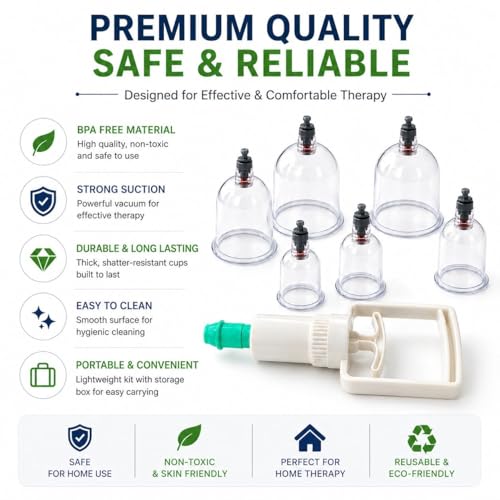 Image of Vacuum Cupping Therapy Set - 6 Pcs Cupping Kit for Pain Relief, Muscle Recovery, Body Massage & Blood Circulation - Portable Manual Therapy Cups with Magnetic Heads, Transparent Design
