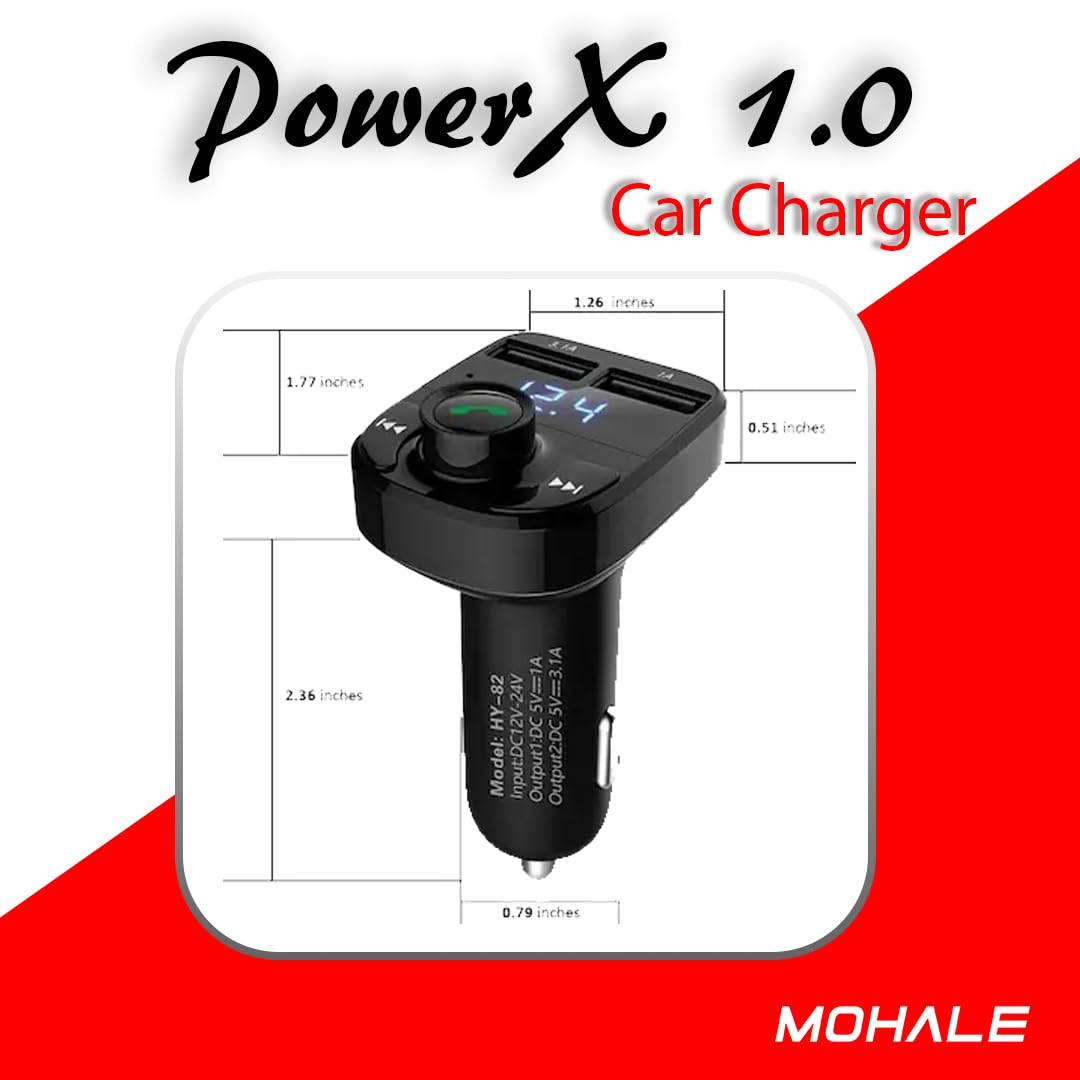 Mohale PowerX 1.0 Bluetooth FM Transmitter, Car Charger with Dual USB Ports (3.1A/1.0A), LED Display, Hands-Free Calling, Music Player, Black 3