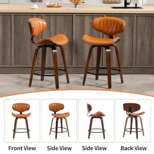 Butacos Giratorios de Barra, Juego de 2, Altura para Encimera, Asiento de Cuero Sintético PU y Estructura de Madera Curvada, con Reposacabezas y Reposapiés, Estilo Moderno, Color Marrón miniatura 5