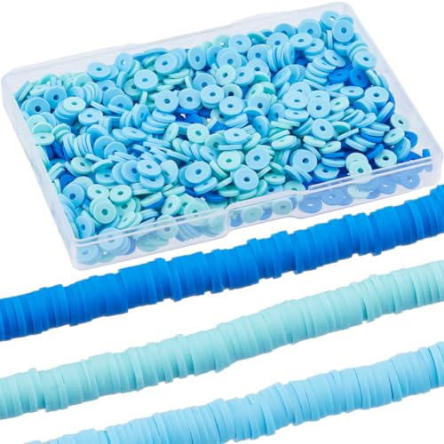 SUNNYCLUE 1 Box 1000PCS+ 6mm Blue Heishi Beads Round Clay Bead Small Refill Polymer Light Blue Flat Disc Vinyl Spacer Loose Bead for Jewellery Making DIY Bracelets Necklace Chocker Craft Supplies