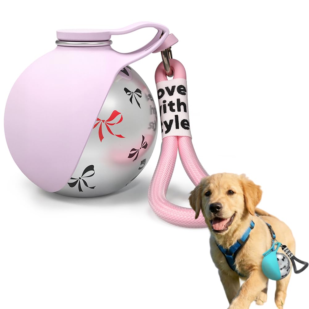 Foldable Pet Water Bottle for Travel, 2 in 1 Portable Dog Water Bottle, Dog Water Bottles for Walking, Stainless Steel Bottles & Silicone Bowl, for Walking Hiking Small Dog (Pink)