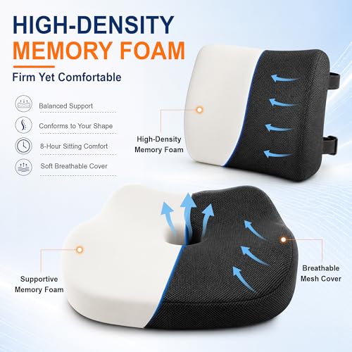 Image of Allaboutsla Seat Cushion & Lumbar Support Pillow Set: Ergonomic Memory Foam Seat Cushion and Back Support for Pain Relief, Butt Cushions and Lumbar Pillow for Car, Office Chair, Gaming - Black