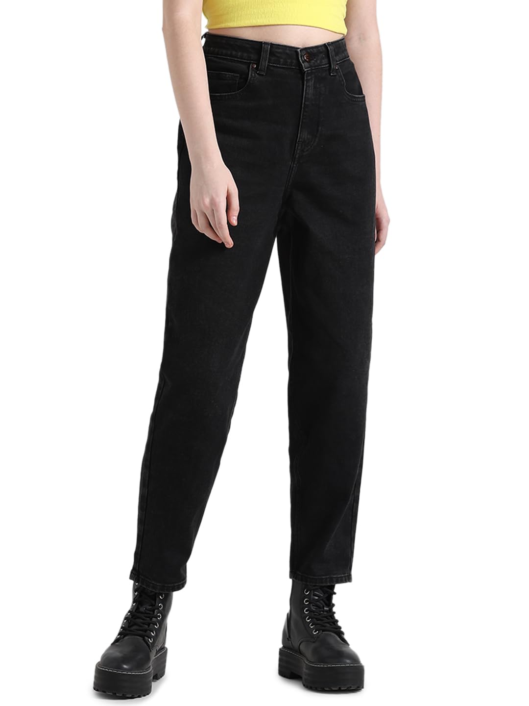 only Women Solid Cotton Straight Fit High Rise Black Jeans-picture-44