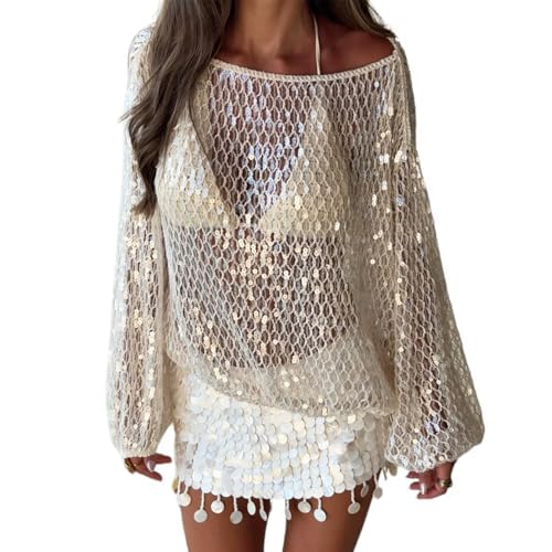 Womens Hollow Out Crochet Sequin Sheer Knit Long Sleeve Pullover Tops Fashion Lightweight Party Shirt