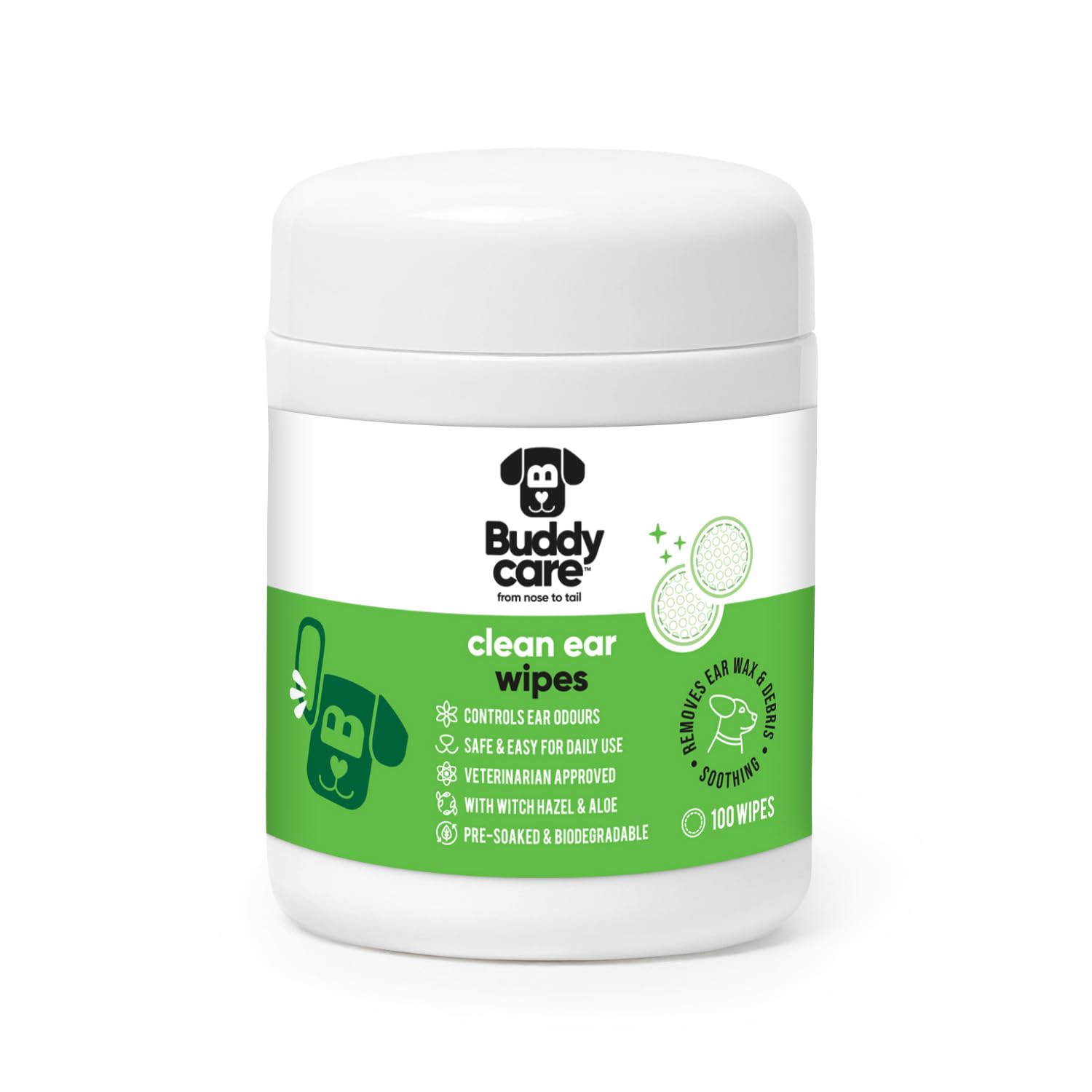 Buddycare Dog Ear Cleaner Dog Wipes 100 pre-soaked Biodegradable pet ear wipes. Pet Wipes Cleaner Solution Stops Itching & Waxy Ears