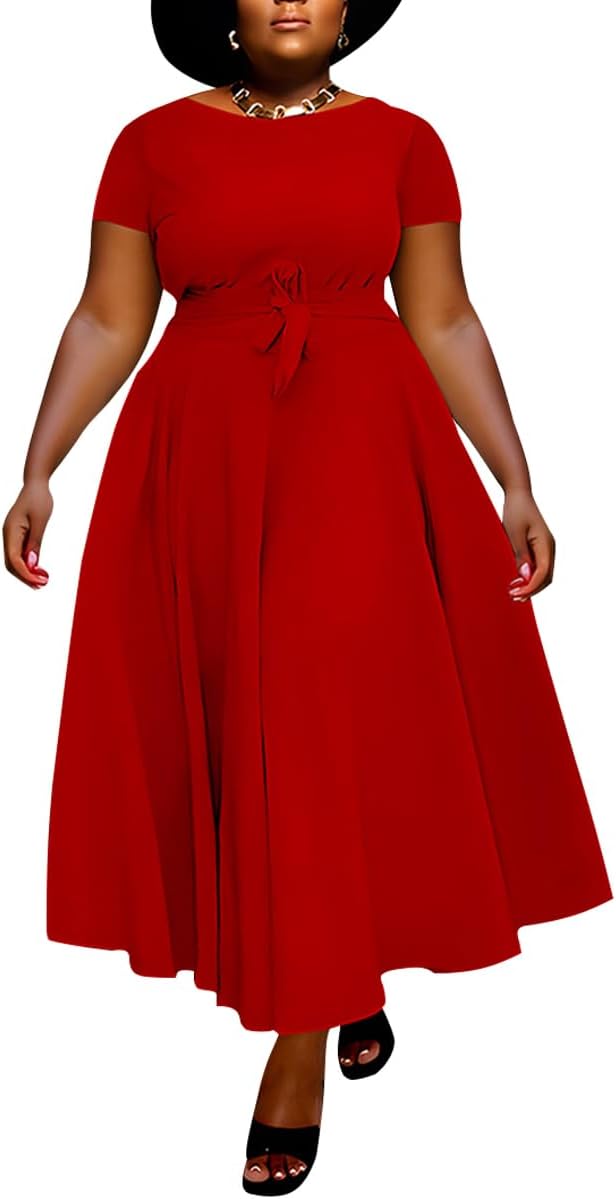 Hostoyo Women Plus Size Formal A Line Maxi Dress Self Tie Waist with Pockets Elegant Round Neck Swing Long Dresses