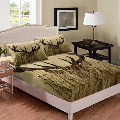 Antler Bedding Set Full Size Whitetail Deer Fitted Sheet Stag Bed Cover Set Countryside Rural Hunting Theme Bedding Set for Living Room Bedroom Decorative with 2 Pillow Cases, Brown(No Flat