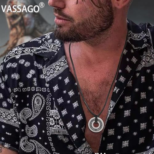 VASSAGO Vintage nordycki naszyjnik z runami wikingów, corsair runiczny starszy futhark pierścień koło talizman wisiorek skórzany łańcuszek, prezent wikingów biżuteria dla mężczyzn kobiet, 11.02"*11.02