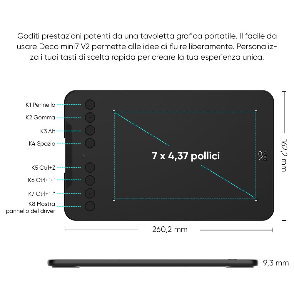 XPPen Deco Mini7 V2 Tavoletta Grafica con penna senza batteria 16384 livelli, per disegno, OSU Play, Compatibile con Windows/MAC OS/Android 10.0/Chrome OS