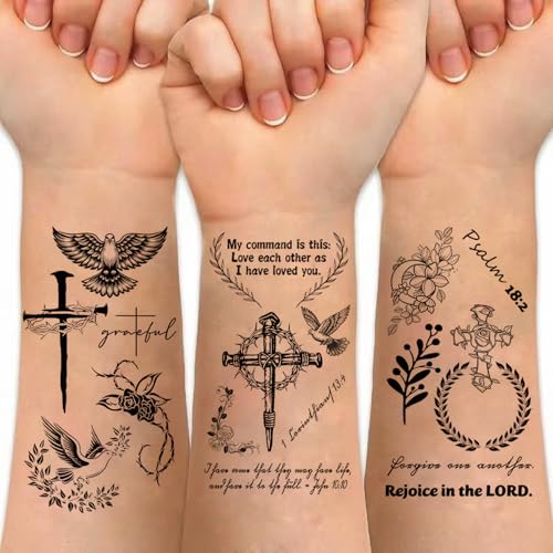 Christian Temporary Tattoos Motivational Bible Verse Quotes Words and Cross Tattoos For Adults, Inspirational Believe Strength in God Realistic Black English Word scripture Tattoo for Women Men