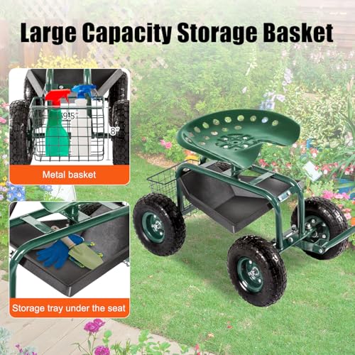 Kinsuite Garden Cart Rolling Work Seat Outdoor Utility Lawn Yard Patio Wagon Scooter for Planting Adjustable 360 Degree Swivel Seat Green