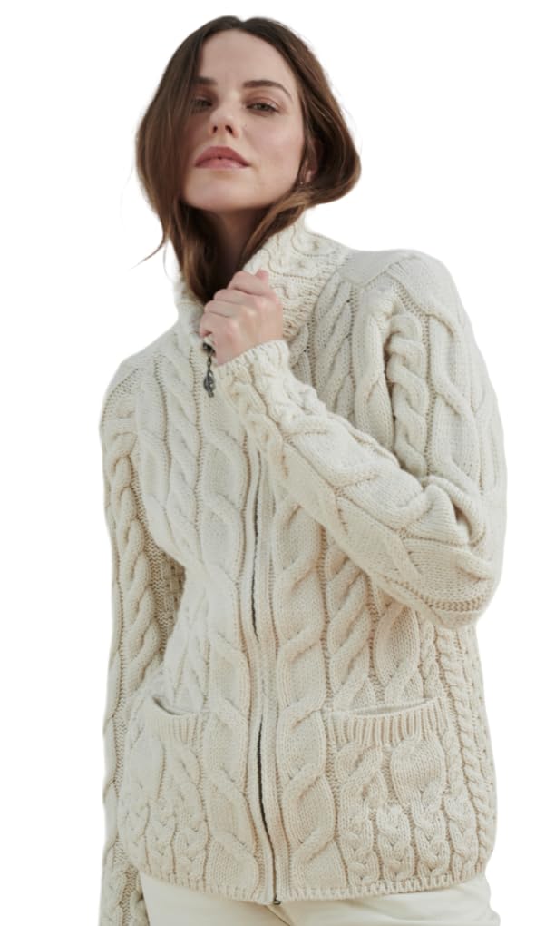 Aran Woollen Mills Irish Shaped Zipper Wool Cardigan with Mock Turtleneck (Natural, X-Large)