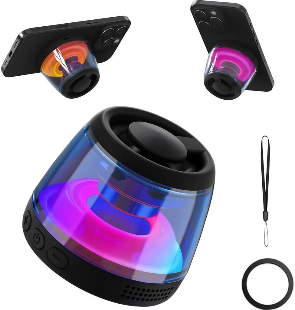 51uFumZr40L._AC_SL1024_ Caixa de som Bluetooth portátil com luz LED RGB, suporte magnético para celular, som 360°, à prova d’água IPX7, ideal para banho, festa e viagem