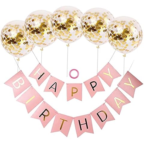 Happy Birthday Banners Balloons for Girls, Happy Birthday Bunting, 5 Latex Balloons with Golden Confetti, NAVK Decoration for Birthday Party (Pink) Cover