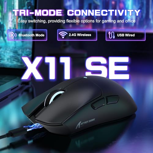 MAMBASNAKE X ATTACK SHARK X11SE Bezprzewodowa mysz do gier—22000 DPI,czujnik PixArt PAW3311,BT/2.4G/przewodowa,lekka, 59g,kliknięcia 2000W,przyspieszenie 40G,długa bateria,obsługa sterowników—Czarny