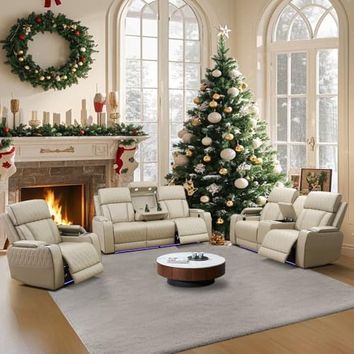 Ocstta Power Recliner Sofa Set, 3 Piece Breathing Leather Sofa Set, Reclining Couch Loveseat and...