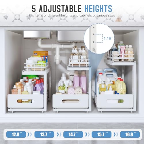 Image of Under Sink Organizer Upgrade To Professional Rails,2-Tier Dual Pull Out Cabinet Storage,Height Adjustable Slide Out Drawers For Bathroom Kitchen,2 Pack-18.5 inchDx12.8 inch-16.9 inchH,White