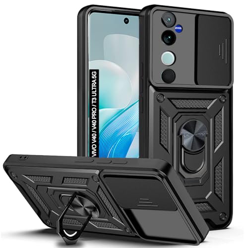 Image of AESTMO Tough Armor Ring Holder & Sliding Camera Cover | 360 Degree Protection Bumper Back Case Cover for Vivo V40 / V40 Pro / T3 Ultra 5G (Black) - Polycarbonate;Thermoplastic Polyurethane