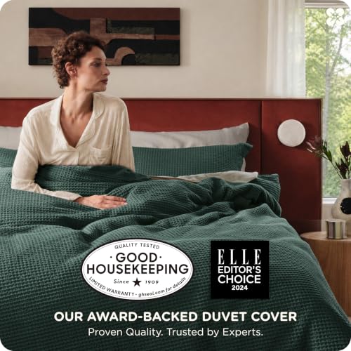 Image of Bedsure Cotton Duvet Cover King - 100% Cotton Waffle Weave Forest Green Duvet Cover King Size, PureWoven Breathable Bedding Set for All Season, 3 Pieces, 104 inchx90 inch