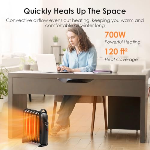 Air Choice Oil Heaters for Indoor Use, 700W Radiator Heater, Overheat Protection, Silent Operation, Adjustable Thermostat with 2 Heat Settings, Compact Electric Heater for Bedroom Office Desk, Black