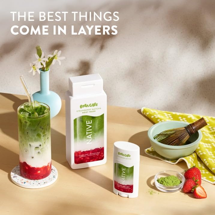Native Strengthening Shampoo, Limited Edition Strawberry Matcha, Sulfate Free Shampoo for Women and Men, Boba Café, 16.5 fl oz with Travolle Dispenser Pump