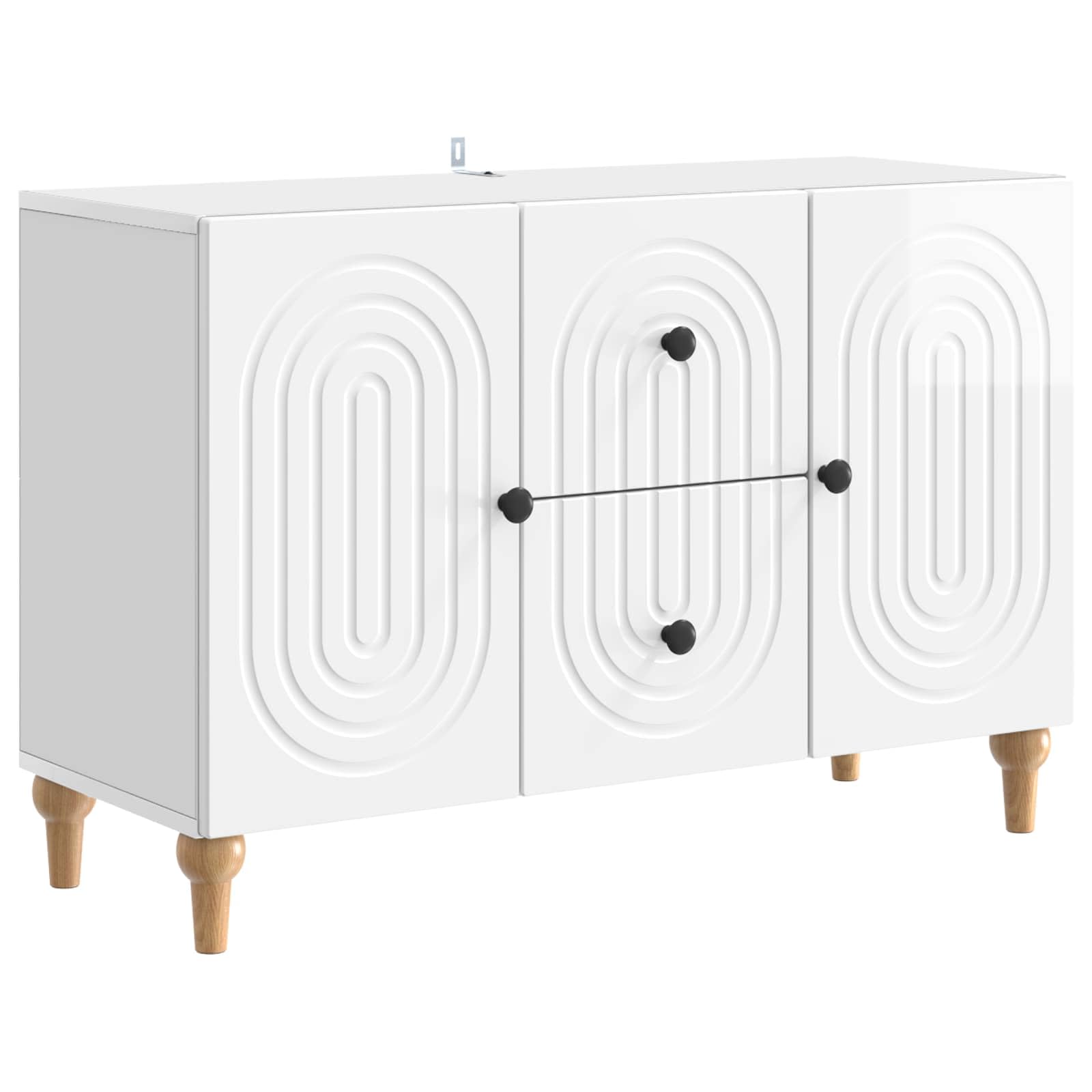 Meuble TV blanc brillant 89cm avec 2 portes pivotantes et tiroirs pour salon contemporain