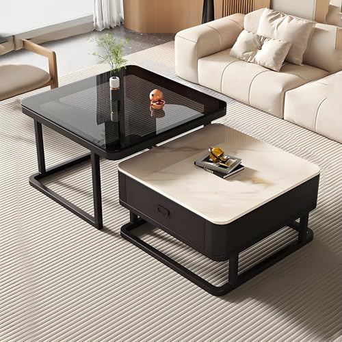 ローテーブル リビングテーブル センターテーブル ネストテーブル コンパクト 正方形 2個セット 幅60cm+70cm 収納付き 引き出し付き ロータイプ 伸縮 おしゃれ 金属フレーム