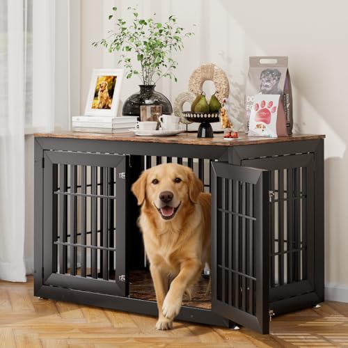 Snuowu 48' Heavy Duty Dog Crate Furniture for Small,Medium and Large Dogs,Rustic Wooden Dog Cage Kennel Indoor Furniture with Waterproof Top,Decorative Pet House Side End Table (Black & Wood)