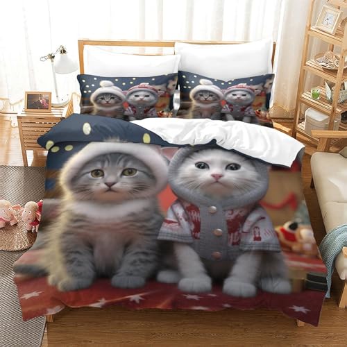 Housse de couette chat 3D anti-plis en microfibre pour lit double 200x200cm