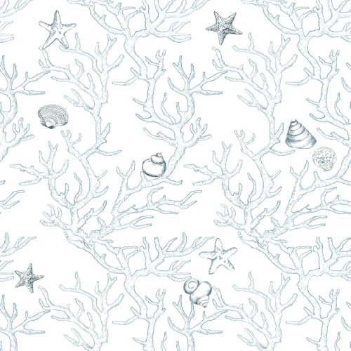 ICYEHAO Papier Peint Bleu et Blanc,44 x 1000cm Papier Peint Marin Corail étoile de Mer Algues Buccins Papier Autocollant pour...