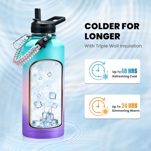 Image of RAYMYLO Insulated Water Bottle 87 oz, Triple Wall Vacuum Stainless Steel (Cold for 48 Hrs), Leak Proof & Non-BPA, Modern Water Flask Jug with Paracord Handle & Straw Spout Lids, Hydrangea