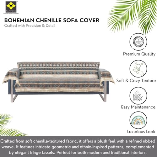 Image of Elegant Woven Grey Sofa Cover - Soft Chenille Traditional Pattern with Lace Style | L-Shape Sectional Seat Protector for Living Room | Durable & Stylish Slipcover 3 Seater with Arms