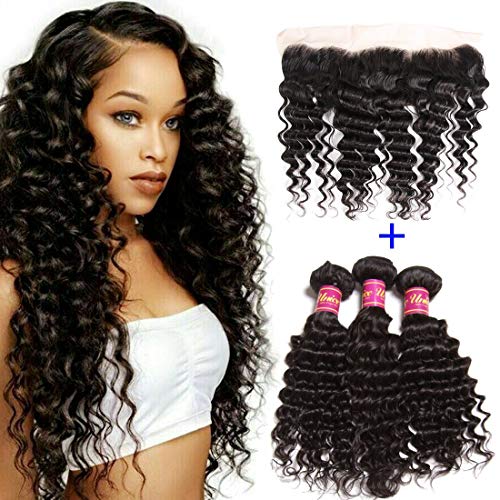 Unice Hair Icenu Series 8A Brazilian Deep Wave Virgin Hair 13x4 Lace Frontal with Bundles 100% Unprocessed Human Hair Extensions Natural Color (18 20 22+16, Frontal)