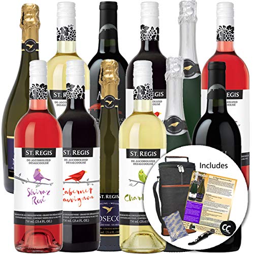ST. REGIS & ARIEL Cabernet, Chardonnay, RosÃ©, Brut, Noseco Non-Alcoholic Wine & Champagne Experience Bundle with Wine Travel Cooler, Ice Packs, Cork Screw, Pop Socket, Wine Pairings & Recipes, 12 Pack