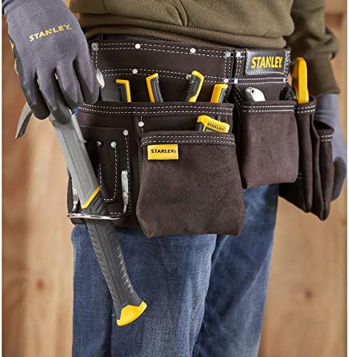 STANLEY Leather Tool Belt Pouch Apron, Multi-Pockets Storage Organiser, Hammer Loop, STST1-80113