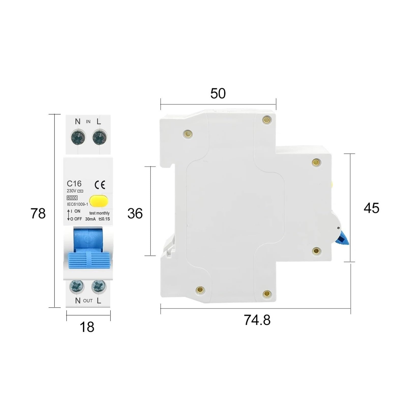 Interruttore magnetotermico differenziale 1P+N, 6-32A 230V 6kA | RCBO 1P+N, dispersione 30 mA, 6-32 A, potere di interruzione 6 kA. 230 V. Scollega fase e neutro.(6A)