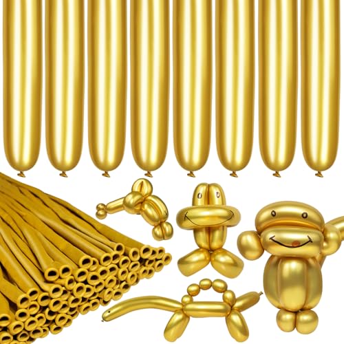 Image of LXZFCRG 260 Long Balloons, Shiny Metallic Latex Twisting Balloon for Balloon Animals, Magic Balloons for Birthdays Wedding Party Decorations 100pcs (Metallic Gold)
